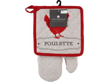 “Комплект Atmosphera ръкавица 33×20 cm и подложка 20×16 cm с кокошка (Poule), 100 % памук”