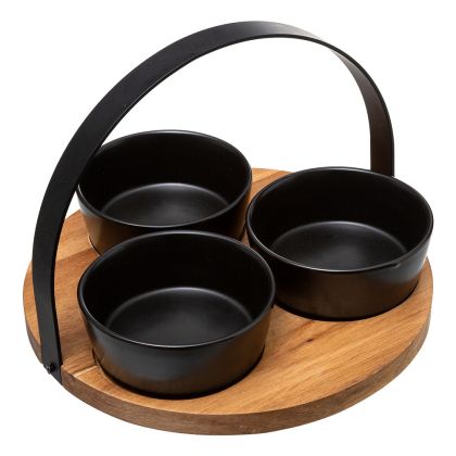 alt="Secret de Gourmet Wild 4-piece appetizer set – дървена тава с метална дръжка и 3 черни купички"