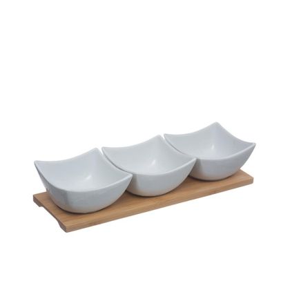 „Комплект 3 керамични купички на бамбукова тава – 4-Piece White Bamboo Appetizer Set“